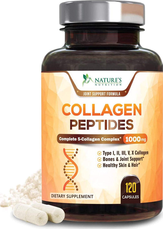 Collagen Peptides Pills 100% Pure Collagen Powder 1000mg - Collagen Powder Type I, II, III, V, X - Boosts Hair, Nails and Skin, Anti Aging Joint Formula, Paleo Friendly, Gluten Free - 120 Capsules