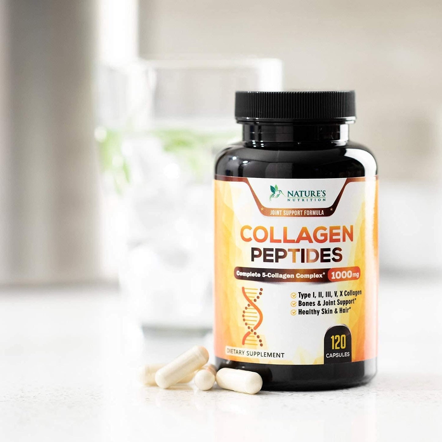 Collagen Peptides Pills 100% Pure Collagen Powder 1000mg - Collagen Powder Type I, II, III, V, X - Boosts Hair, Nails and Skin, Anti Aging Joint Formula, Paleo Friendly, Gluten Free - 120 Capsules