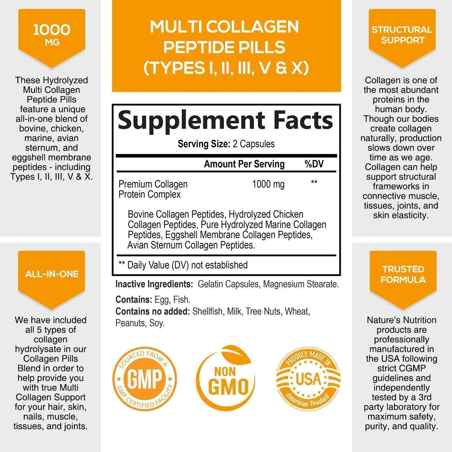 Collagen Peptides Pills 100% Pure Collagen Powder 1000mg - Collagen Powder Type I, II, III, V, X - Boosts Hair, Nails and Skin, Anti Aging Joint Formula, Paleo Friendly, Gluten Free - 120 Capsules