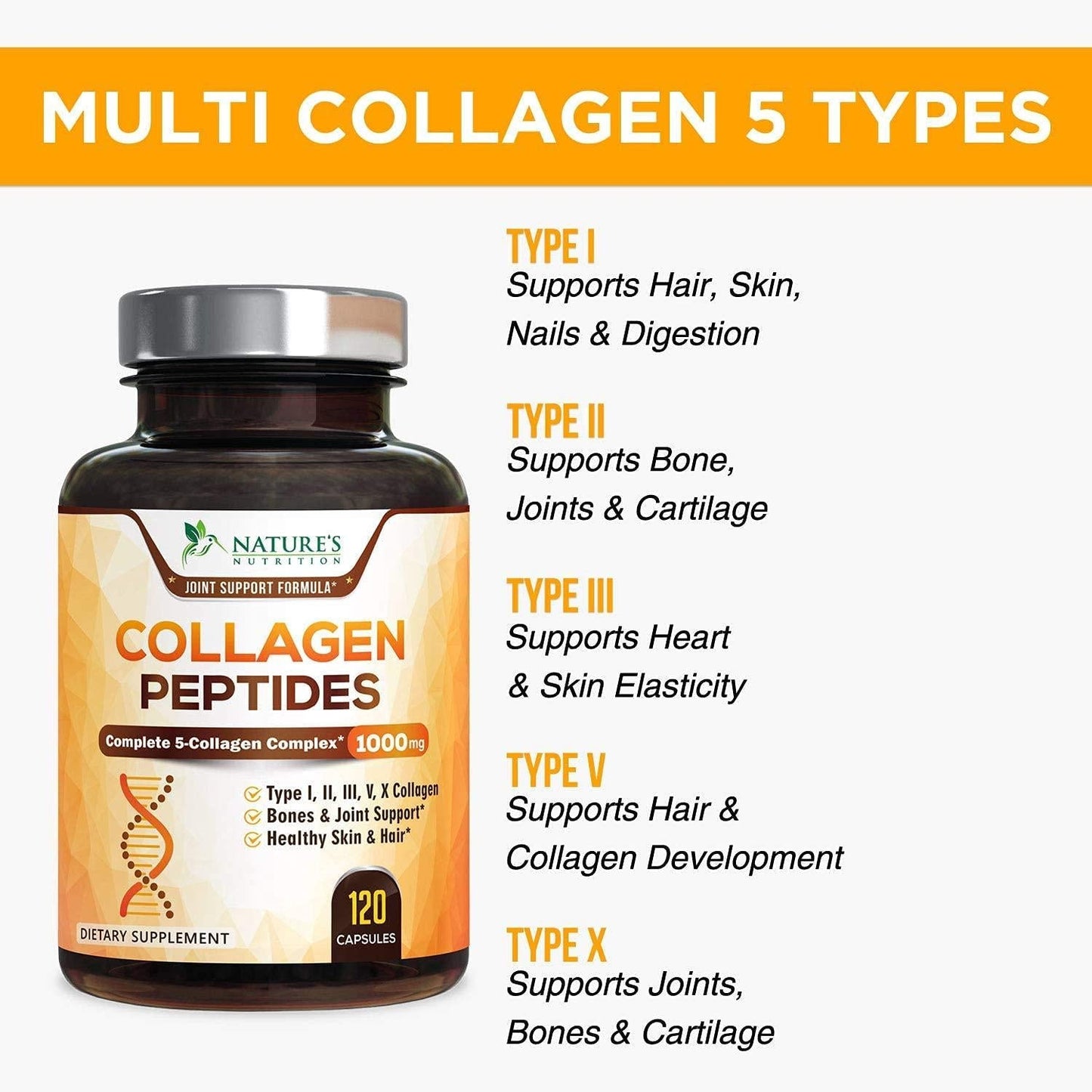 Collagen Peptides Pills 100% Pure Collagen Powder 1000mg - Collagen Powder Type I, II, III, V, X - Boosts Hair, Nails and Skin, Anti Aging Joint Formula, Paleo Friendly, Gluten Free - 120 Capsules