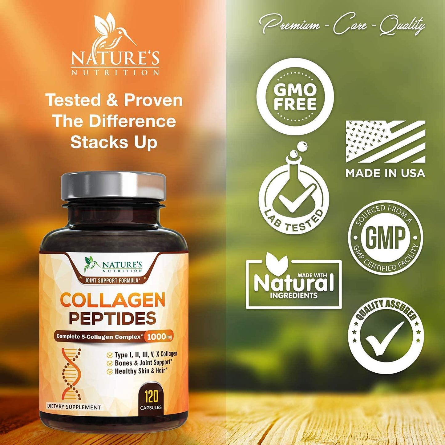 Collagen Peptides Pills 100% Pure Collagen Powder 1000mg - Collagen Powder Type I, II, III, V, X - Boosts Hair, Nails and Skin, Anti Aging Joint Formula, Paleo Friendly, Gluten Free - 120 Capsules