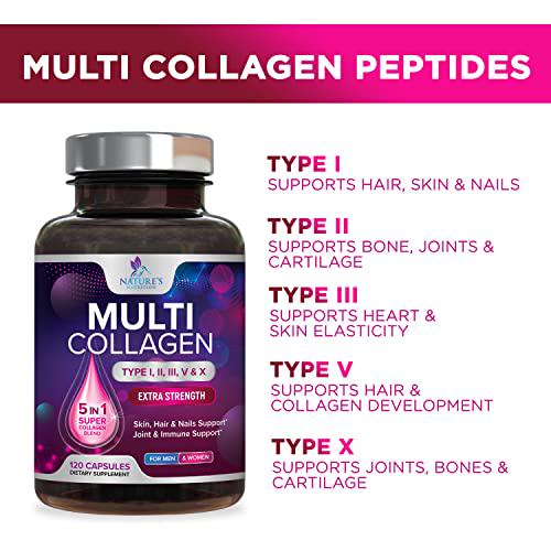 Collagen Peptides Pills 100% Pure Collagen Powder 1000mg - Collagen Powder Type I, II, III, V, X - Boosts Hair, Nails and Skin, Anti Aging Joint Formula, Paleo Friendly, Gluten Free - 120 Capsules