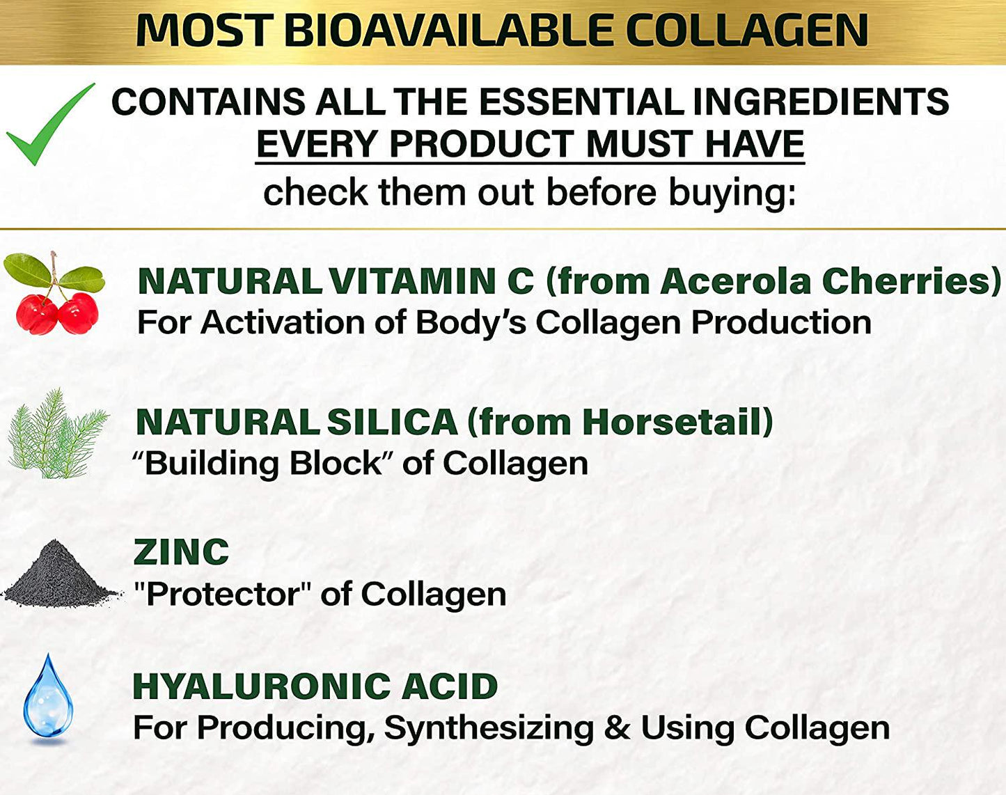 Collagen Peptides Pills - from Cleanest Sources and Super High Absorption with Hyaluronic Acid Vitamin C Zinc Silica - Organic Hydrolyzed Multi Type I, II, III, V, X - Skin Hair Joint Supplement - USA