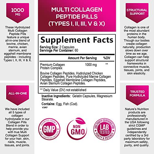 Collagen Peptides Pills 100% Pure Collagen Powder 1000mg - Collagen Powder Type I, II, III, V, X - Boosts Hair, Nails and Skin, Anti Aging Joint Formula, Paleo Friendly, Gluten Free - 120 Capsules