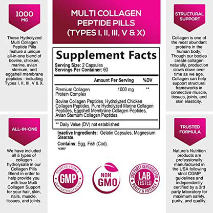 Collagen Peptides Pills 100% Pure Collagen Powder 1000mg - Collagen Powder Type I, II, III, V, X - Boosts Hair, Nails and Skin, Anti Aging Joint Formula, Paleo Friendly, Gluten Free - 120 Capsules