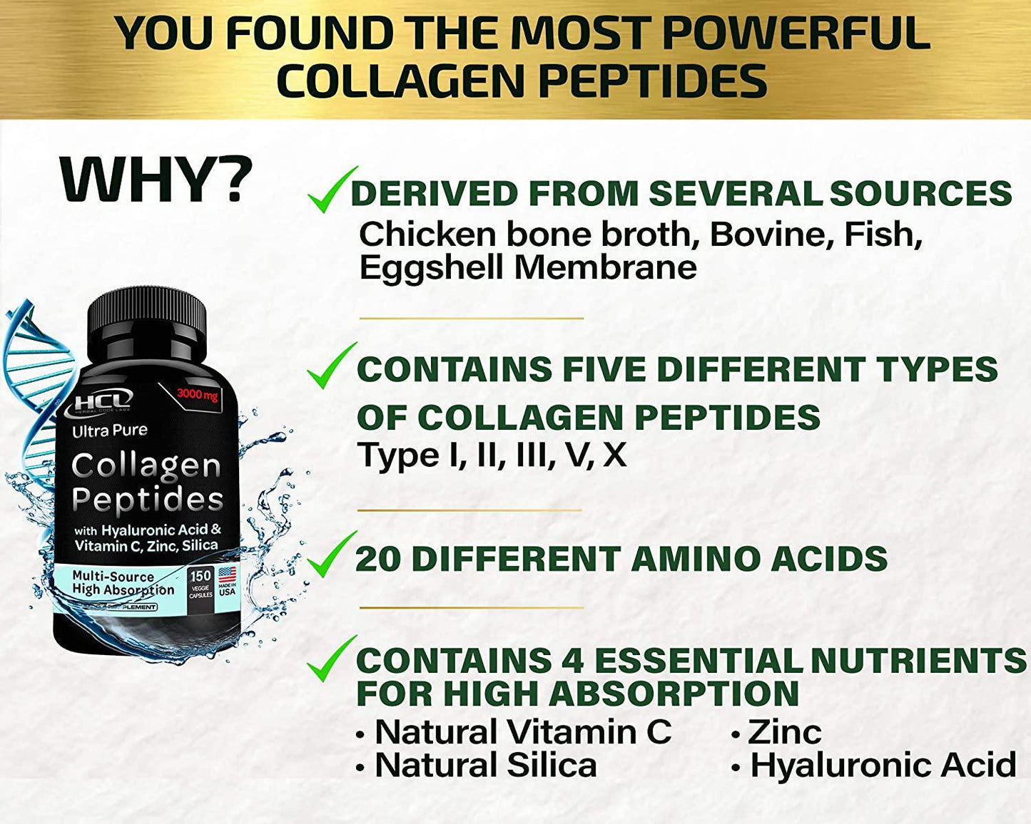 Collagen Peptides Pills - from Cleanest Sources and Super High Absorption with Hyaluronic Acid Vitamin C Zinc Silica - Organic Hydrolyzed Multi Type I, II, III, V, X - Skin Hair Joint Supplement - USA