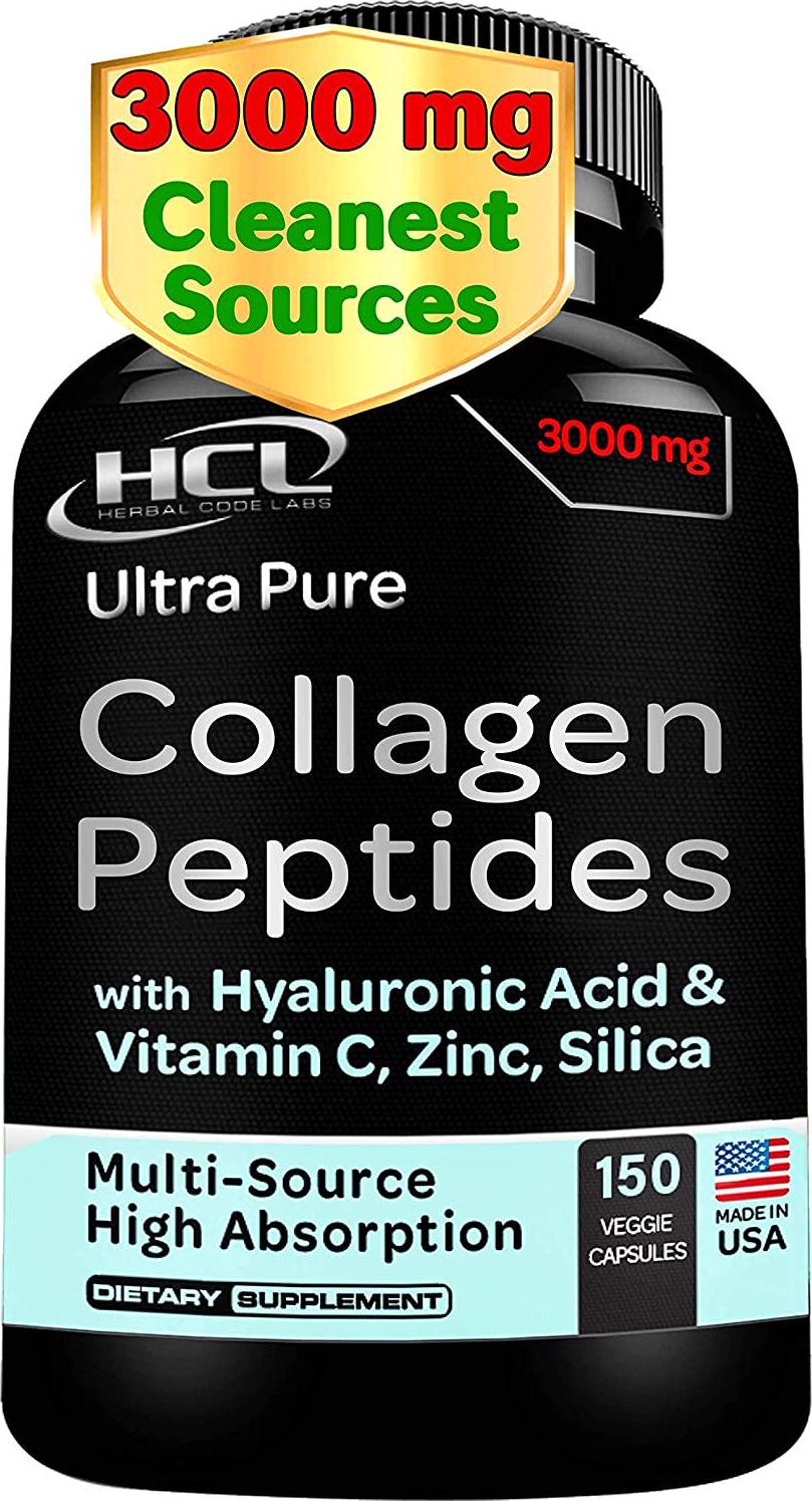 Collagen Peptides Pills - from Cleanest Sources and Super High Absorption with Hyaluronic Acid Vitamin C Zinc Silica - Organic Hydrolyzed Multi Type I, II, III, V, X - Skin Hair Joint Supplement - USA