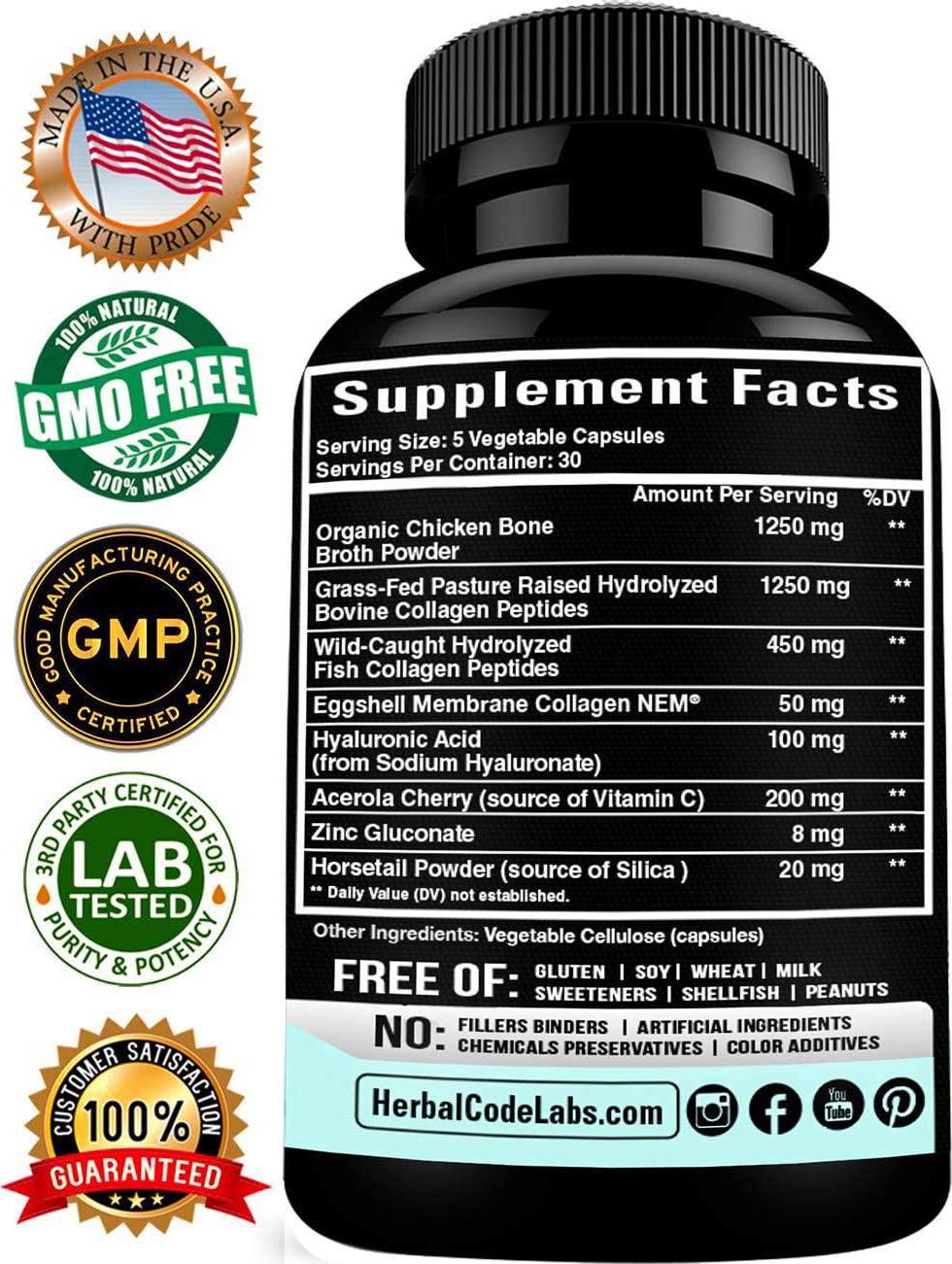 Collagen Peptides Pills - from Cleanest Sources and Super High Absorption with Hyaluronic Acid Vitamin C Zinc Silica - Organic Hydrolyzed Multi Type I, II, III, V, X - Skin Hair Joint Supplement - USA