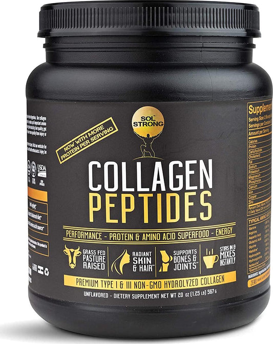 Collagen Peptides Protein Powder Sol Strong Collagen Powder Pasture-Raised, Non-GMO and Grass-Fed Hydrolyzed Collagen Peptides, Gluten-Free Certified Paleo, Keto and Whole 30 Friendly 20oz USA Extra Large