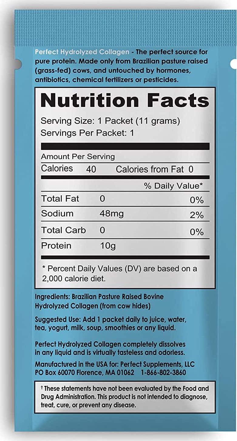 Collagen Perfect Hydrolyzed Protein Peptides SUGAR FREE 30 Single Serving Packets Perfect Supplements Australia Hydrolyzed Collagen Powder from 100% Grass-fed Brazilian Pasture raised cows. 30 Single Serving Packets