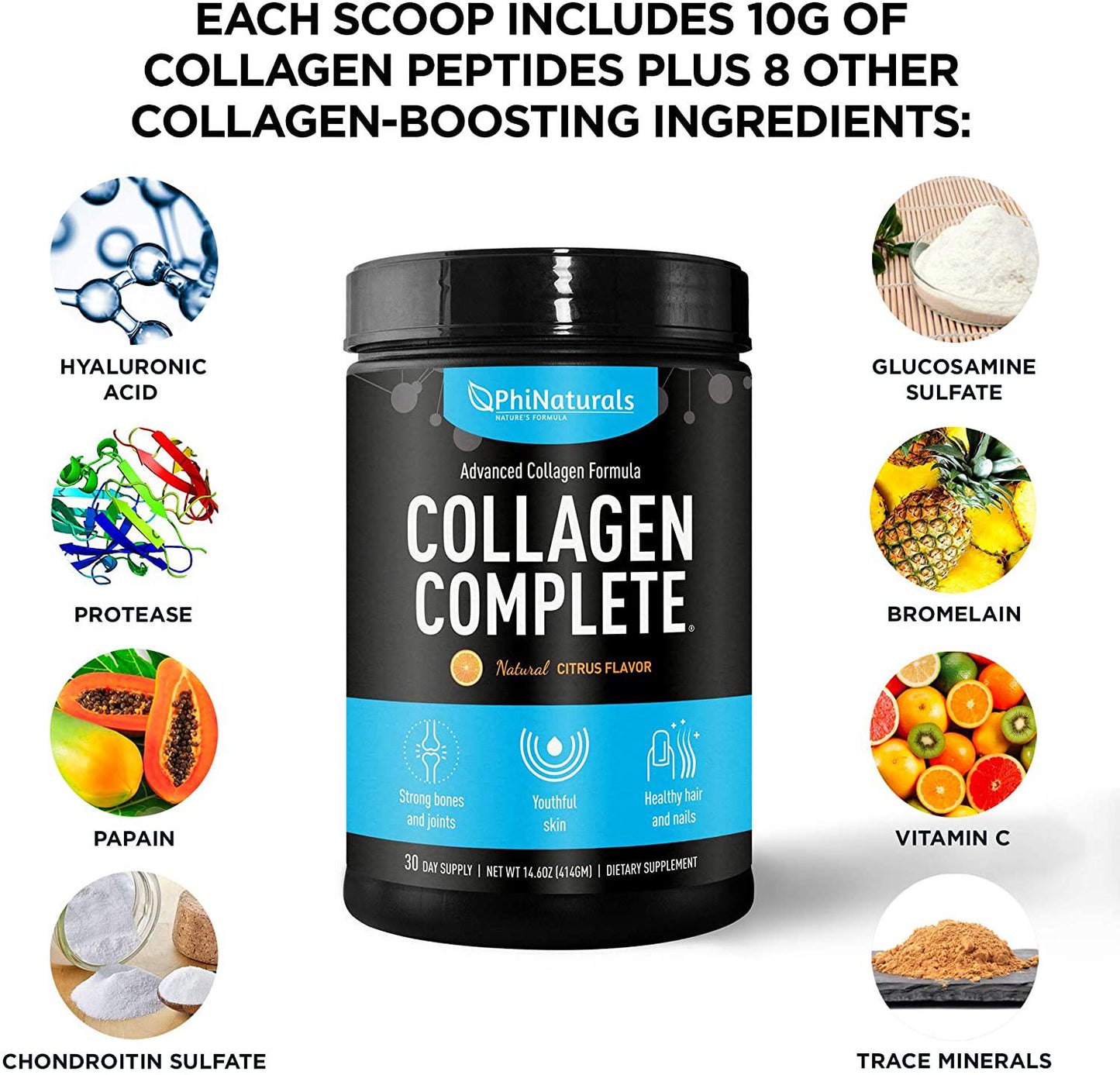 Collagen Powder - Hydrolyzed Collagen - Anti-Aging Collagen Supplements - Premium Bovine Collagen Hydrolysate - Grass Fed Non-GMO - Collagen Peptides Powder (Citrus Flavored)
