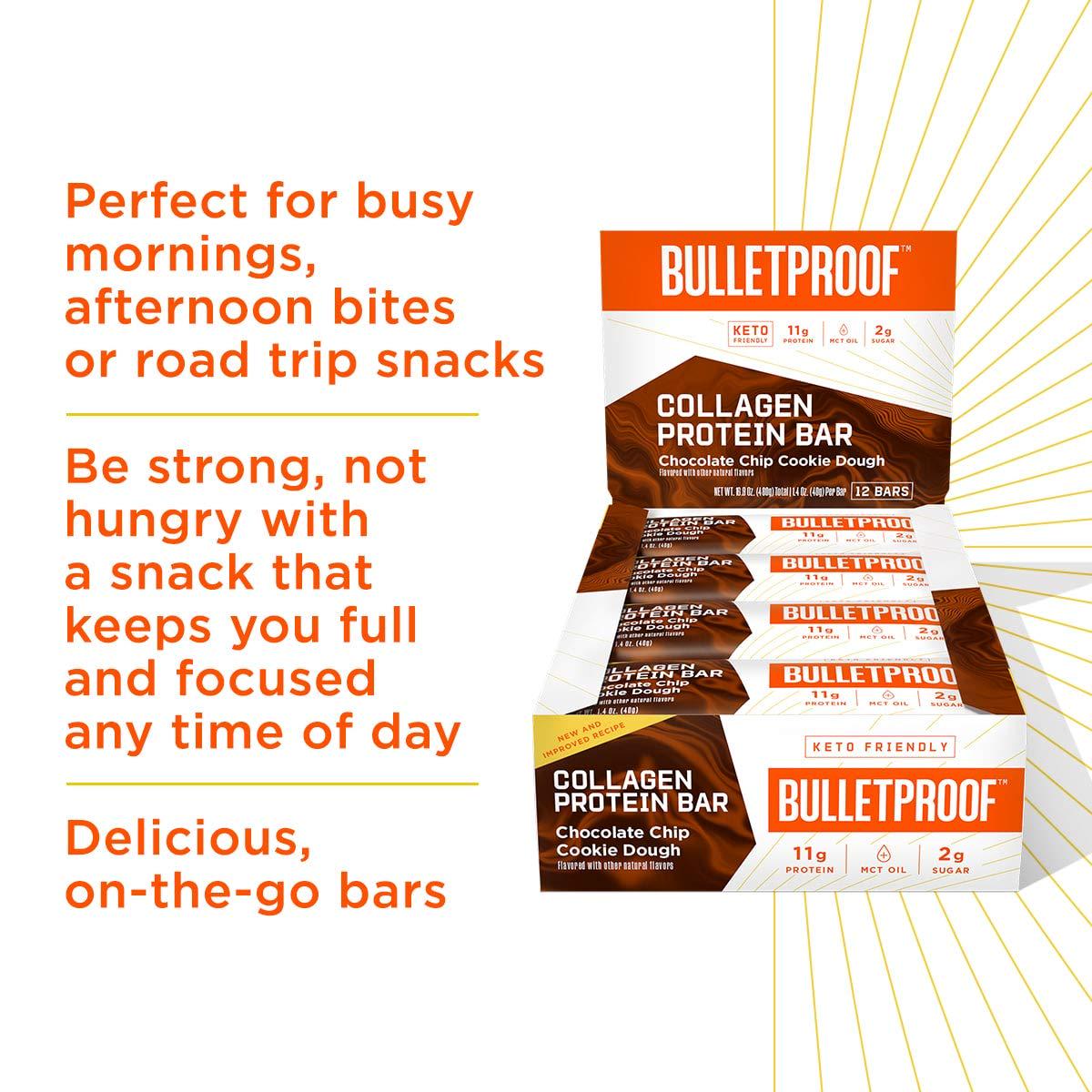 Collagen Protein Bars, Cookie Dough, 11g Protein, Single Bar, Bulletproof Grass Fed Healthy Snacks, Made with MCT Oil, 2g Sugar, No Added Sugar