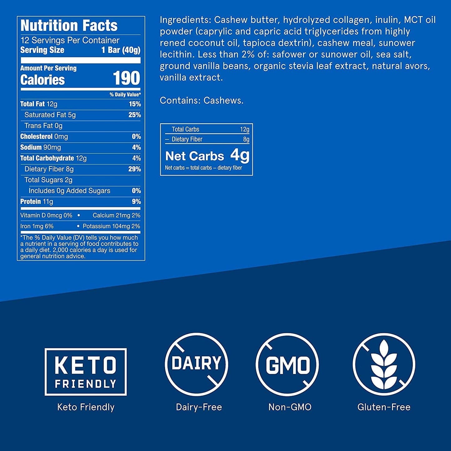 Collagen Protein Bars, Vanilla Shortbread, 11g Protein, 12 Pack, Bulletproof Grass Fed Healthy Snacks, Made with MCT Oil, 2g Sugar, No Added Sugar