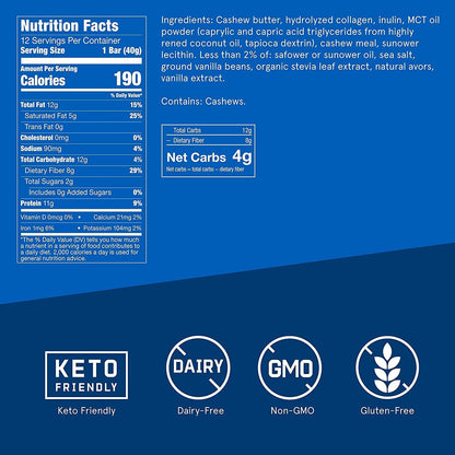 Collagen Protein Bars, Vanilla Shortbread, 11g Protein, 12 Pack, Bulletproof Grass Fed Healthy Snacks, Made with MCT Oil, 2g Sugar, No Added Sugar