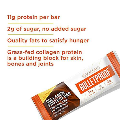 Collagen Protein Bars, Cookie Dough, 11g Protein, Single Bar, Bulletproof Grass Fed Healthy Snacks, Made with MCT Oil, 2g Sugar, No Added Sugar