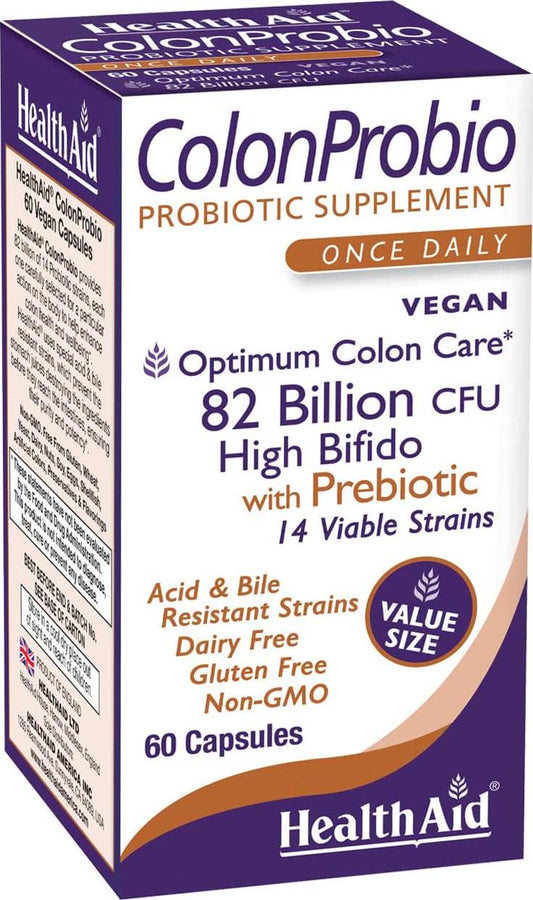 ColonProbio 82 Billion with Prebiotic, 14 Strains, Once Daily, 60ct, Optimum Colon Care, Acid and Bile Resistant, Dairy Free, Gluten Free, Non-GMO