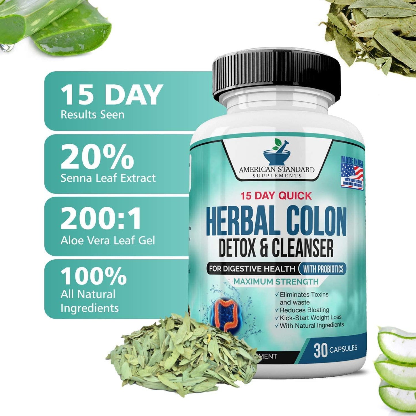 Colon Cleanse, Colon Detox, Colon Cleanse Pills, Colon Cleanser, Herbal Laxative, Detox Cleanser, Detox Supplements for Bloating, Constipation Relief, Digestive Health, Bowel Movement. 60 Vegan Caps