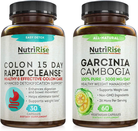 Colon Cleanse + Garcinia Cambogia: Ultimate Cleanse, Detox and Weight Management Bundle - Gluten-Free, Natural Appetite Suppressant, Fat Burner and Cleansers for Women and Men - with Probiotics and MCT Oil