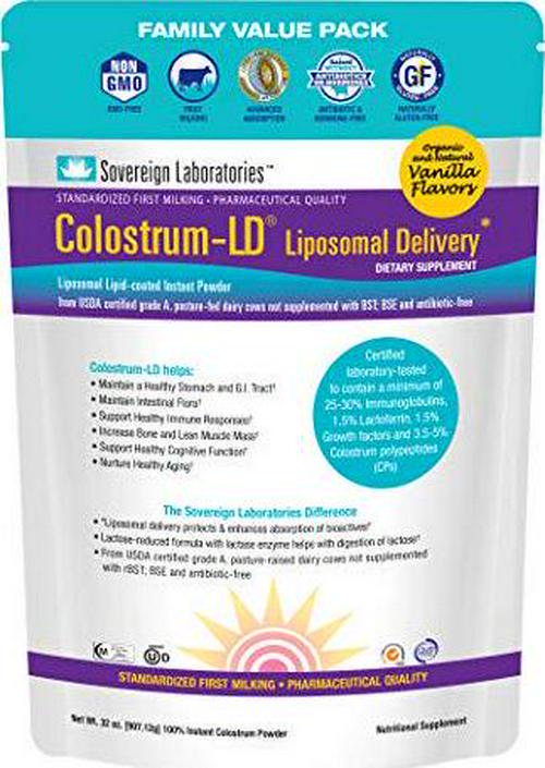 Colostrum-LD Liposomal Delivery - Colostrum Powder - Gluten-Free, Lactose-Reduced - 90 Servings - Sovereign Laboratories - 32oz Vanilla