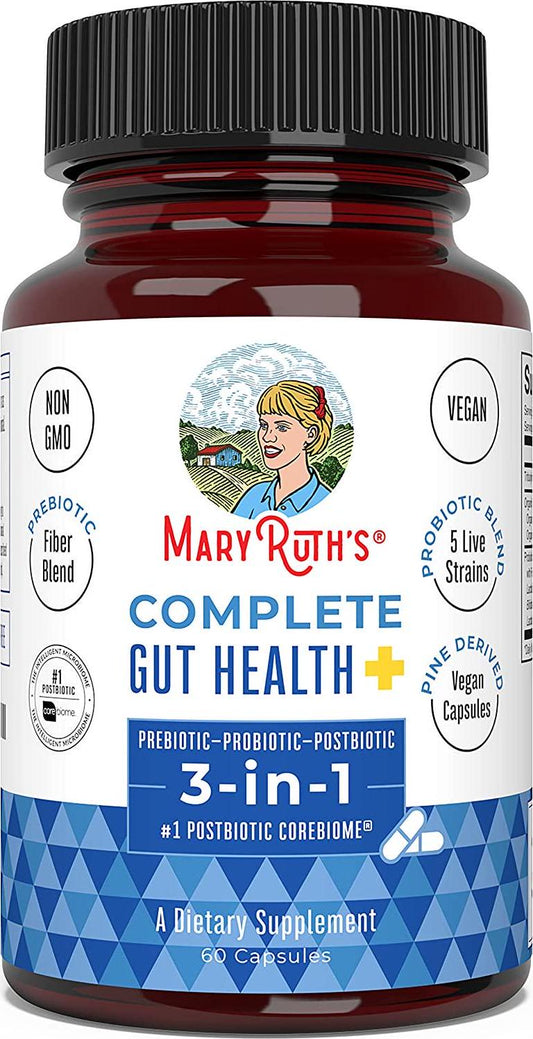 Complete Gut Health+ by MaryRuth's | 3-in-1 Prebiotic + Probiotic + Postbiotic Corebiome Vegan Gastrointestinal Support | Support Gut Health and Immune Function | 2 capsules per serving; 30 servings