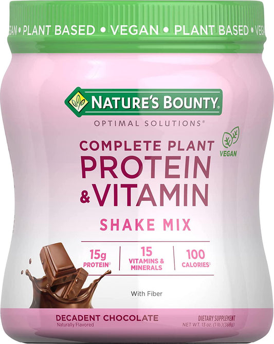 Complete Plant Protein and Vitamin Shake Mix by Nature&#039;s Bounty Optimal Solutions, with Fiber, Plant Based, Decadent Chocolate