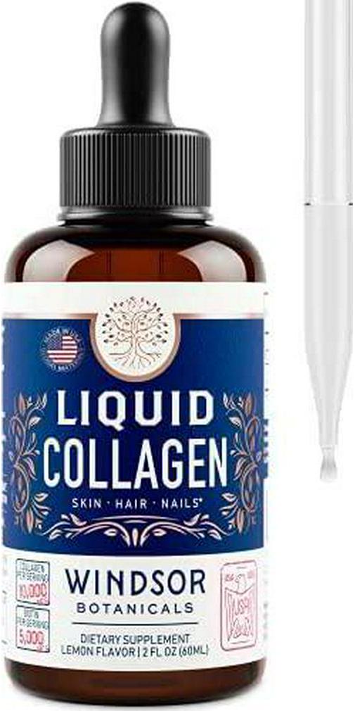 Concentrated Liquid Collagen Peptides Supplement - Hair, Skin, Nail, Joints Support - Sublingual Drops by Windsor Botanicals - 10,000mcg Collagen, 5,000mcg Biotin - Lemon Flavor - 2-Month - 2 oz