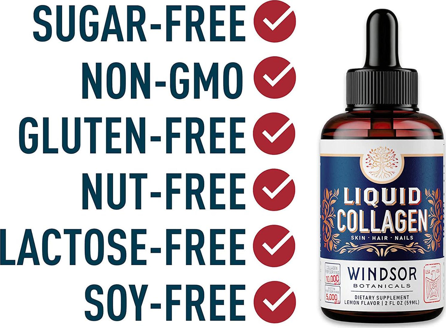 Concentrated Liquid Collagen Peptides Supplement - Hair, Skin, Nail, Joints Support - Sublingual Drops by Windsor Botanicals - 10,000mcg Collagen, 5,000mcg Biotin - Lemon Flavor - 2-Month - 2 oz