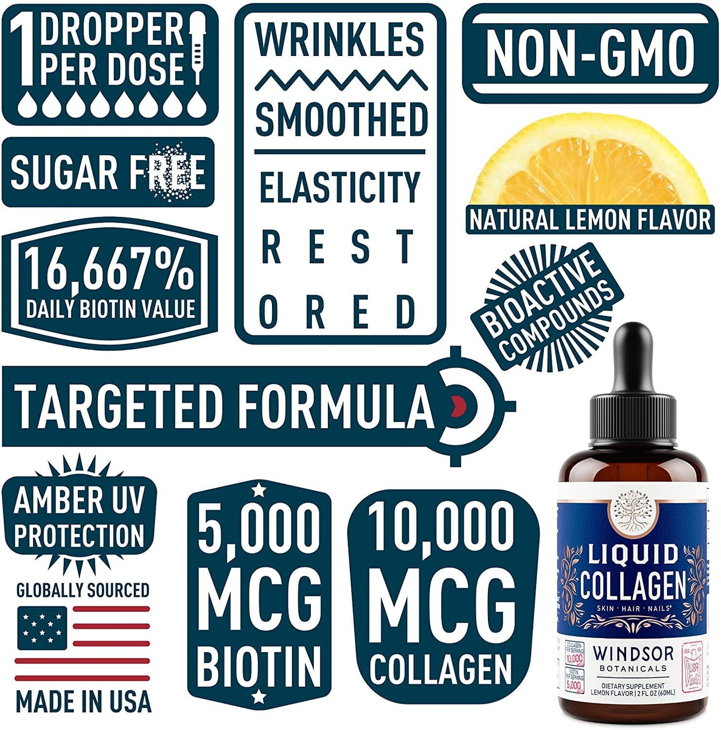 Concentrated Liquid Collagen Peptides Supplement - Hair, Skin, Nail, Joints Support - Sublingual Drops by Windsor Botanicals - 10,000mcg Collagen, 5,000mcg Biotin - Lemon Flavor - 2-Month - 2 oz