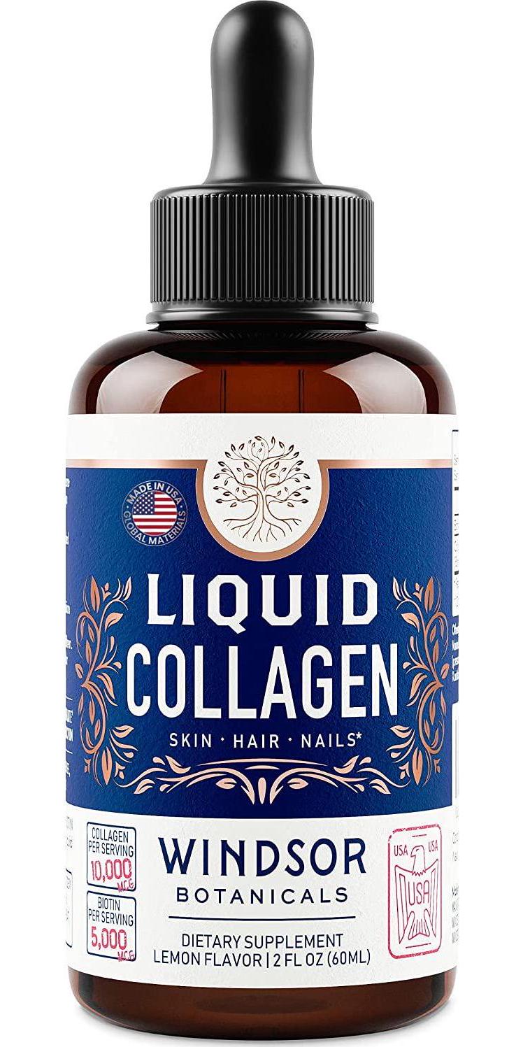Concentrated Liquid Collagen Peptides Supplement - Hair, Skin, Nail, Joints Support - Sublingual Drops by Windsor Botanicals - 10,000mcg Collagen, 5,000mcg Biotin - Lemon Flavor - 2-Month - 2 oz