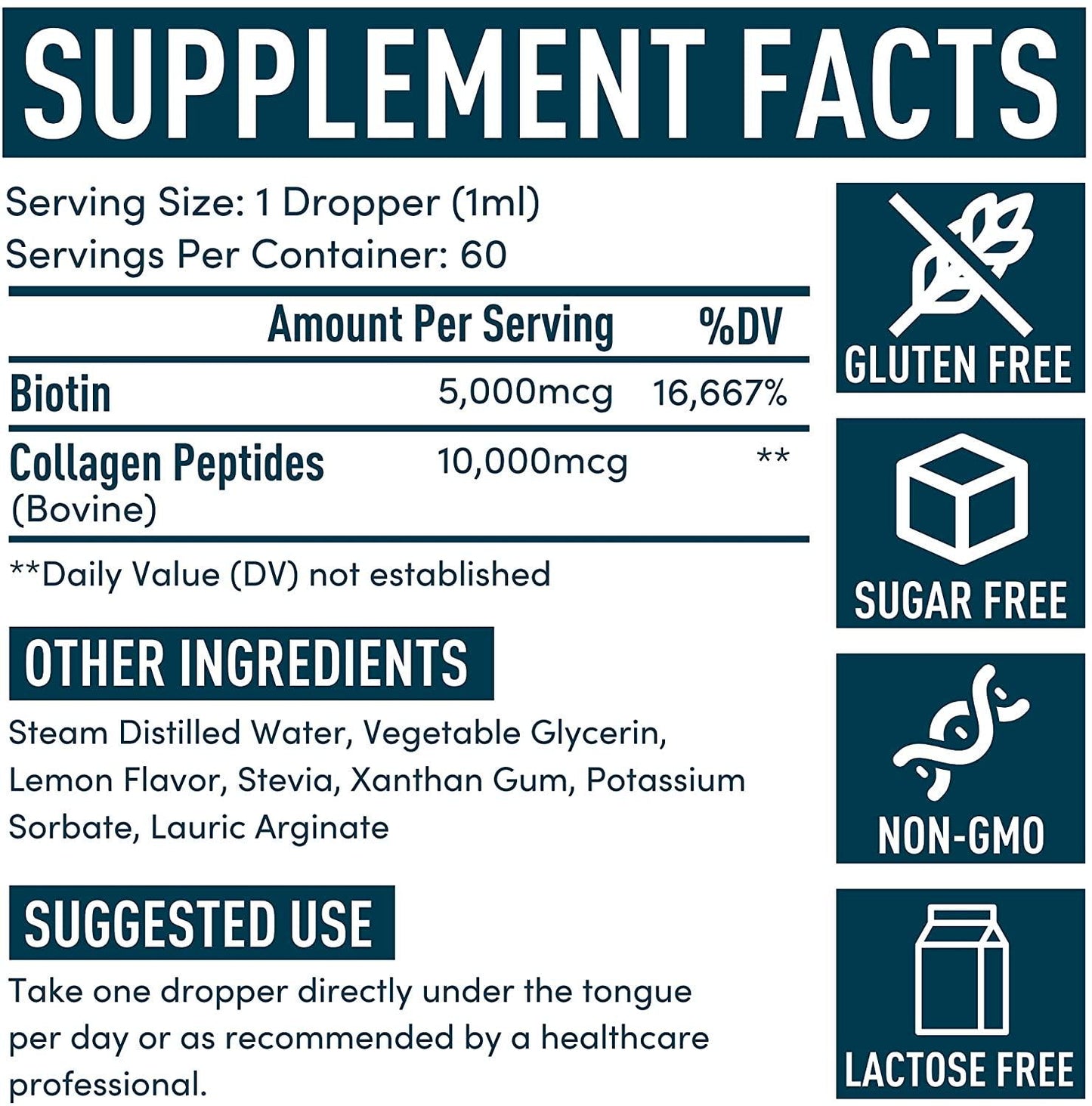 Concentrated Liquid Collagen Peptides Supplement - Hair, Skin, Nail, Joints Support - Sublingual Drops by Windsor Botanicals - 10,000mcg Collagen, 5,000mcg Biotin - Lemon Flavor - 2-Month - 2 oz