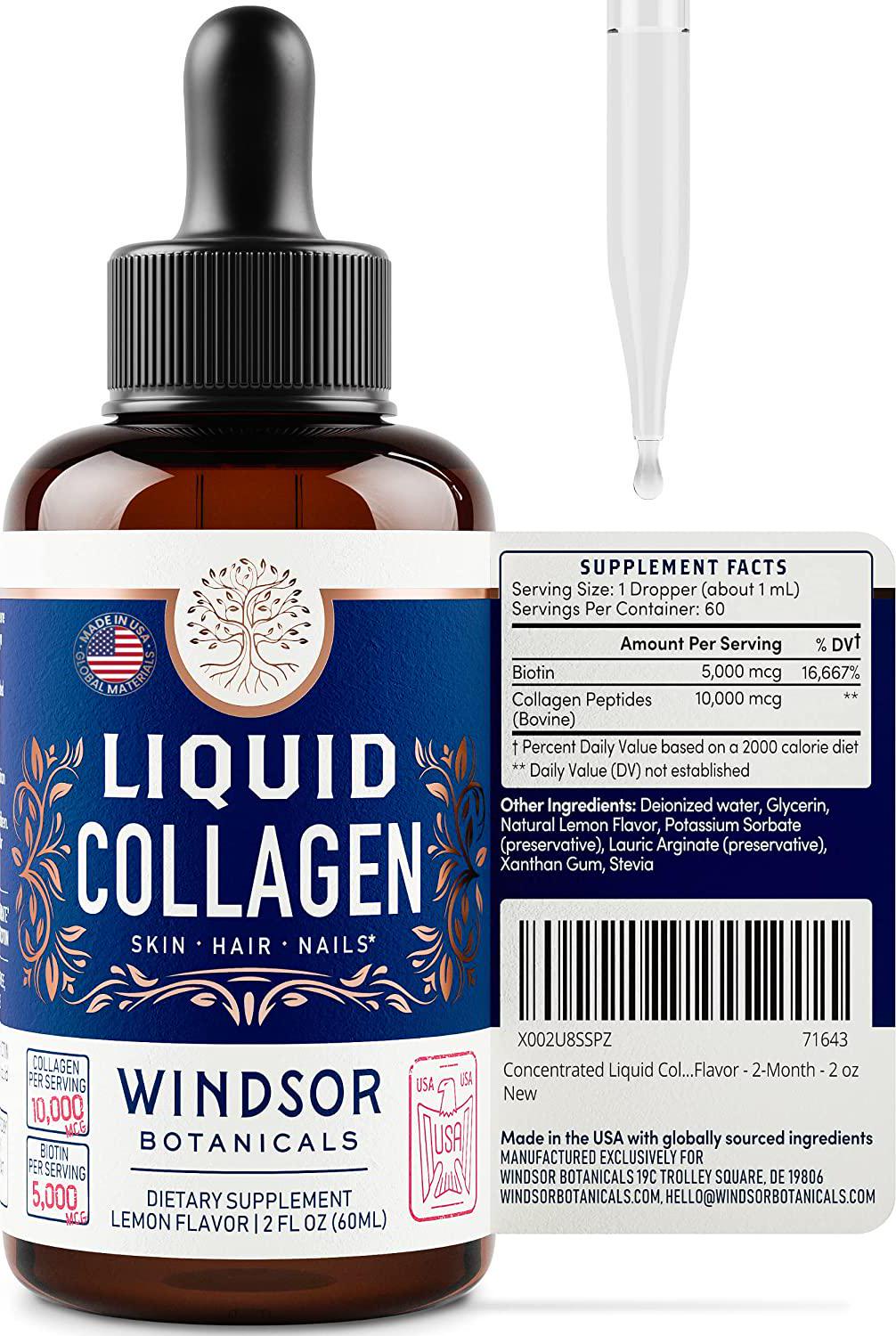 Concentrated Liquid Collagen Peptides Supplement - Hair, Skin, Nail, Joints Support - Sublingual Drops by Windsor Botanicals - 10,000mcg Collagen, 5,000mcg Biotin - Lemon Flavor - 2-Month - 2 oz