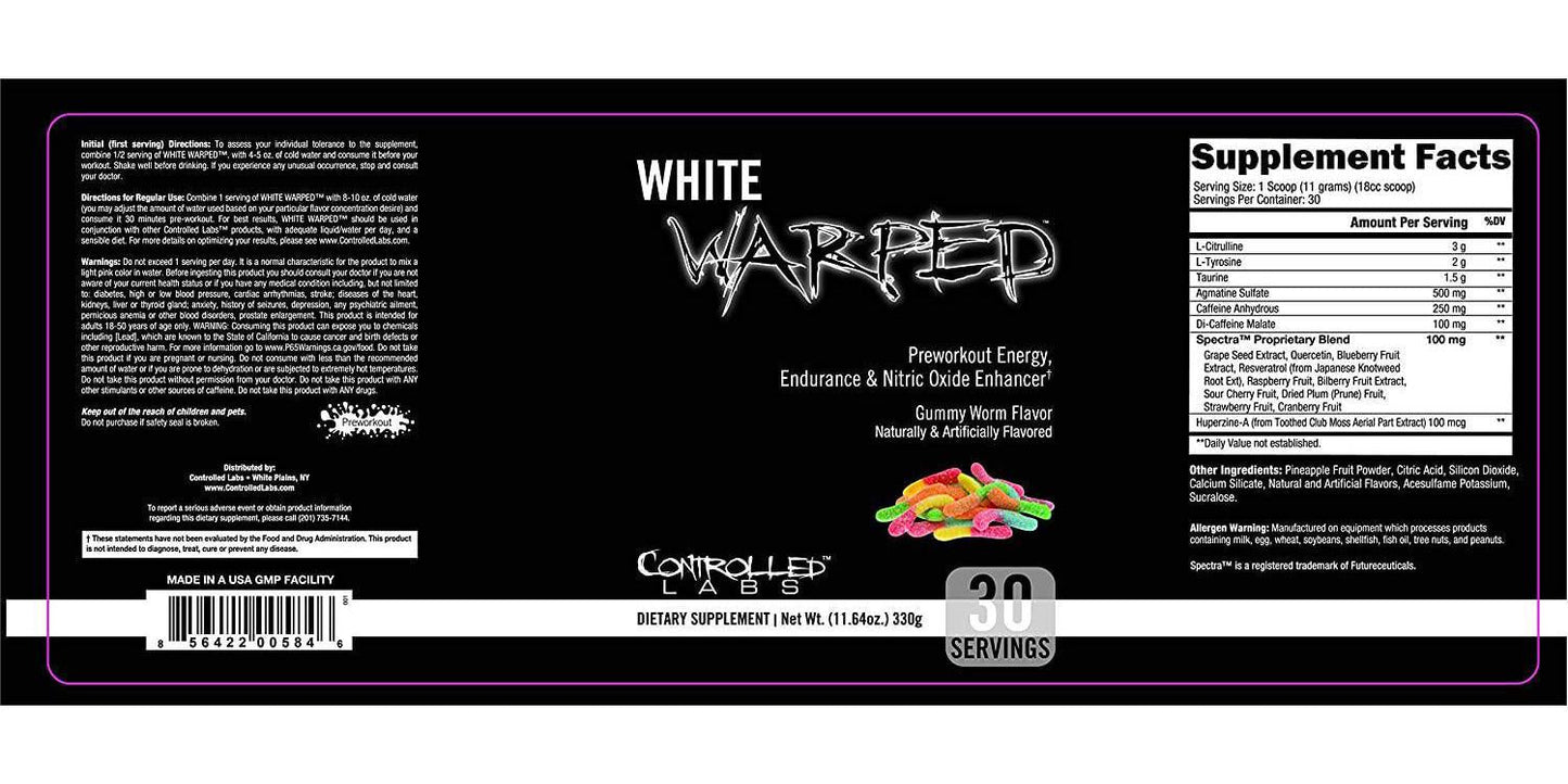 Controlled Labs White Warped Pre-Workout Energy, Endurance and Nitric Oxide Enhancer, Gummy Worm, 330 grams
