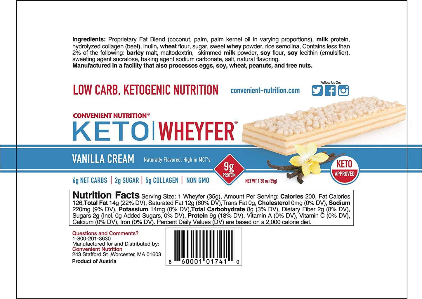 Convenient Nutrition Keto WheyFer Protein Snack Bars - Low Carb, Low Sugar, Ketogenic - Vanilla Cream 10 Bars