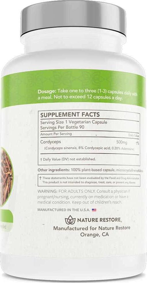 Cordyceps Sinensis Mushroom Extract Supplement, Pure CS-4 Strain, Standardized to 10 Percent Cordycepic Acid, 90 Capsules, Manufactured in USA, Non-GMO, Gluten Free