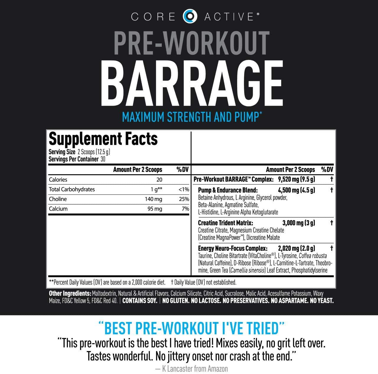 Core Active Barrage Pre Workout Powder - Preworkout for Women and Men, Creatine Powder, Beta Alanine, Agmatine Sulfate, and Caffeine - Muscle Builder for Men with Intense Energy - Orange (30 Servings)