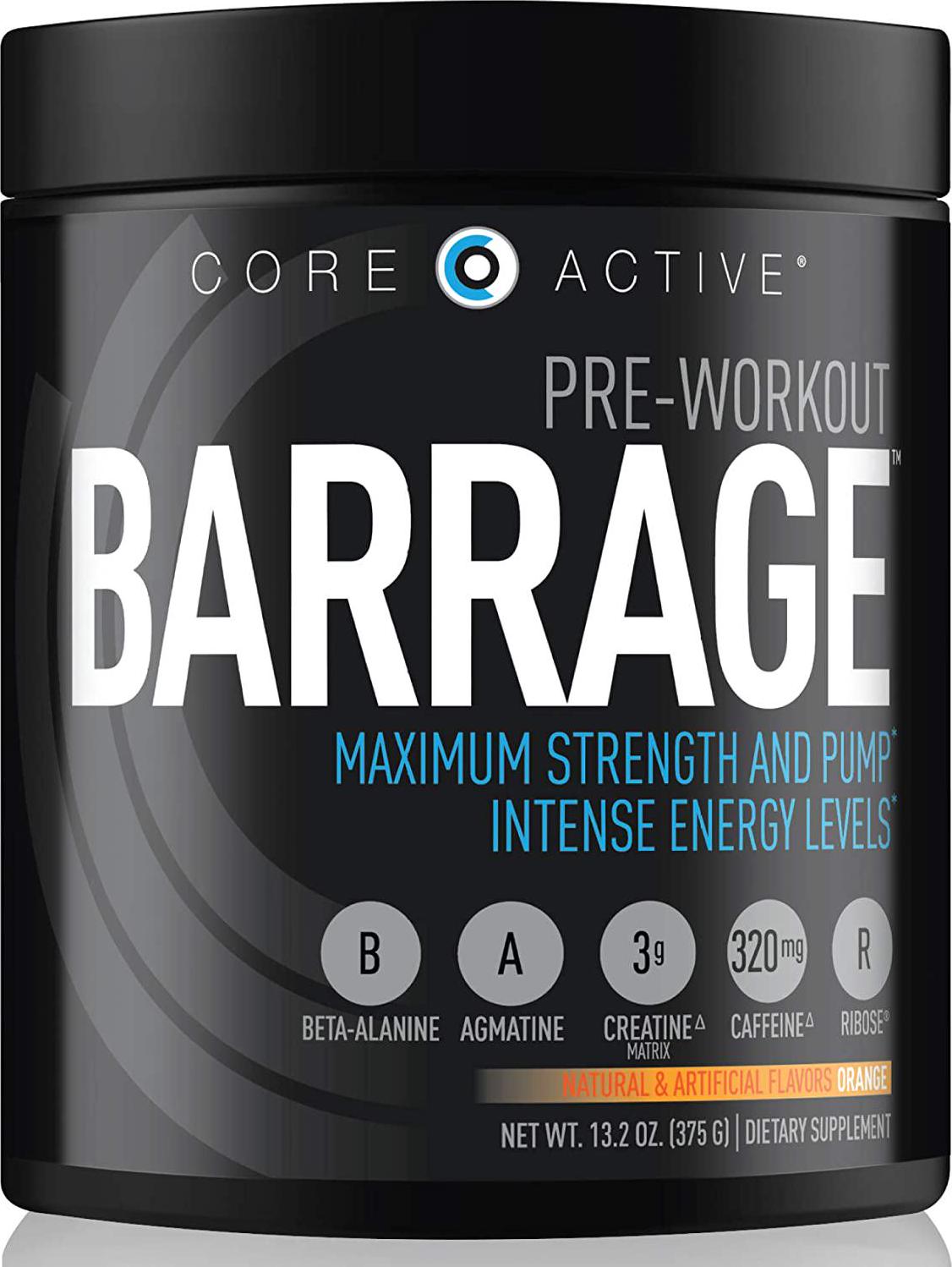 Core Active Barrage Pre Workout Powder - Preworkout for Women and Men, Creatine Powder, Beta Alanine, Agmatine Sulfate, and Caffeine - Muscle Builder for Men with Intense Energy - Orange (30 Servings)