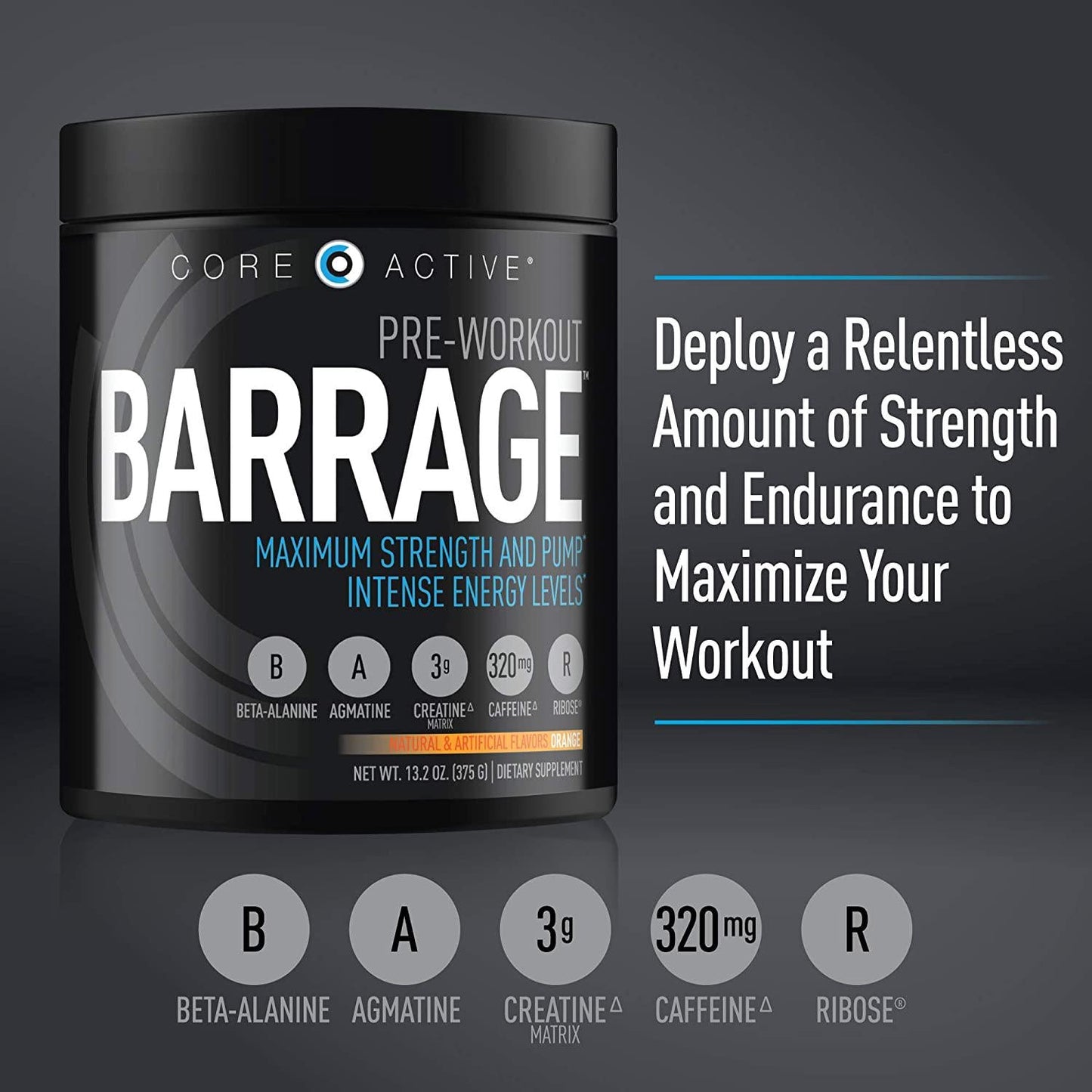Core Active Barrage Pre Workout Powder - Preworkout for Women and Men, Creatine Powder, Beta Alanine, Agmatine Sulfate, and Caffeine - Muscle Builder for Men with Intense Energy - Orange (30 Servings)