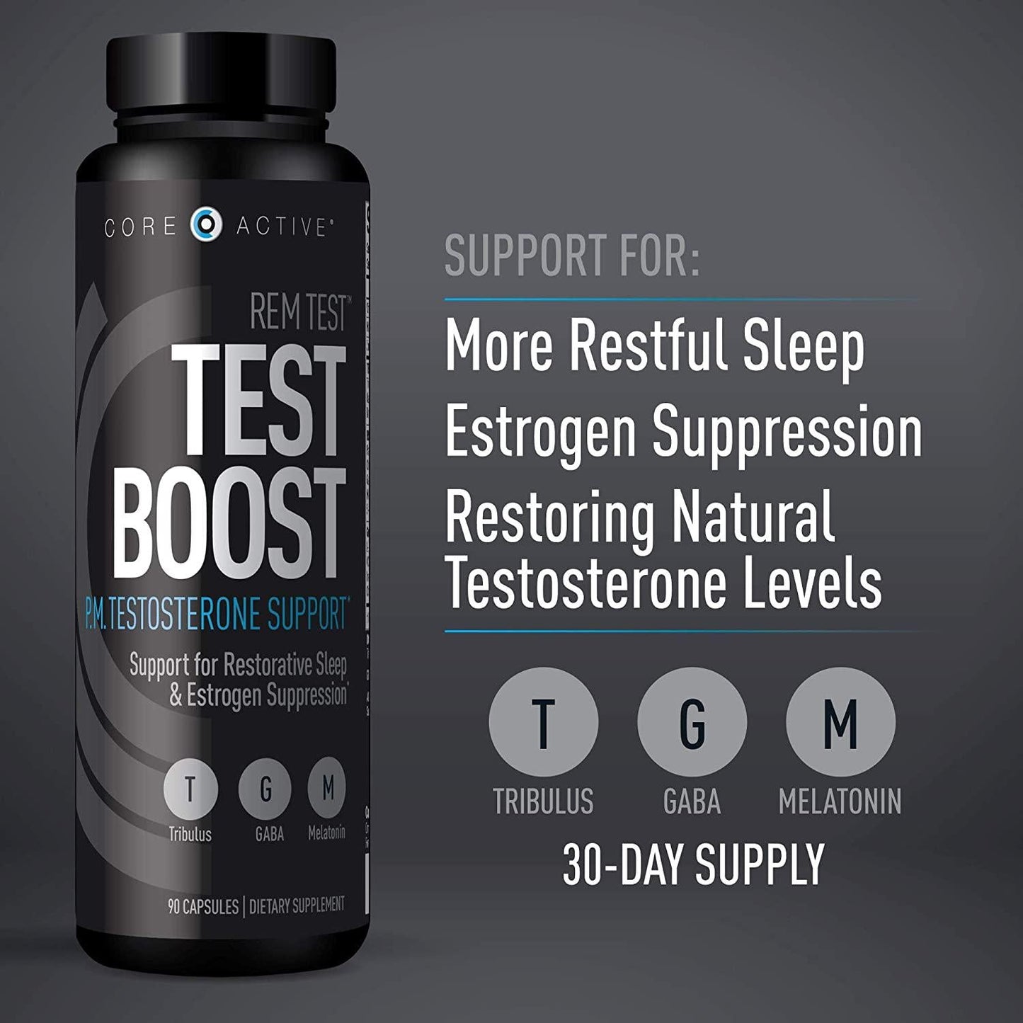 Core Active REM Test Booster - PM Testosterone Booster for Men with Melatonin for Adult Men - Muscle Recovery, and Lean Muscle Growth (90 Capsules)