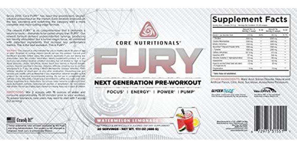 Core Nutritionals Fury Platinum Pre Workout Intensifier with 375mg Caffeine, 5G Creatine Monohydrate, 6G L-Citruline for Maximum Pump, Power, Focus and Energy, 20 Servings (Watermelon Lemonade)