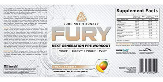 Core Nutritionals Fury Platinum Pre Workout Intensifier with 375mg Caffeine, 5G Creatine Monohydrate, 6G L-Citruline for Maximum Pump, Power, Focus and Energy, 20 Servings (Tropic Thunder)