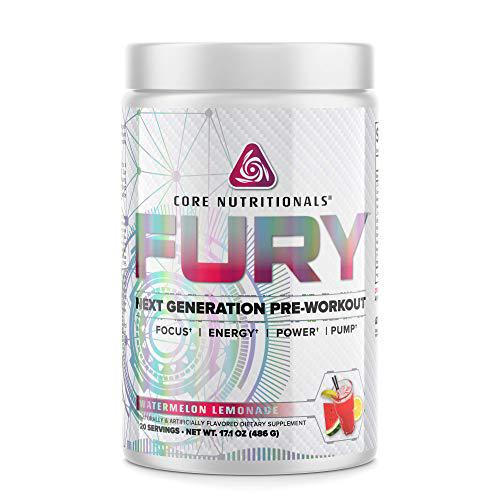 Core Nutritionals Fury Platinum Pre Workout Intensifier with 375mg Caffeine, 5G Creatine Monohydrate, 6G L-Citruline for Maximum Pump, Power, Focus and Energy, 20 Servings (Watermelon Lemonade)