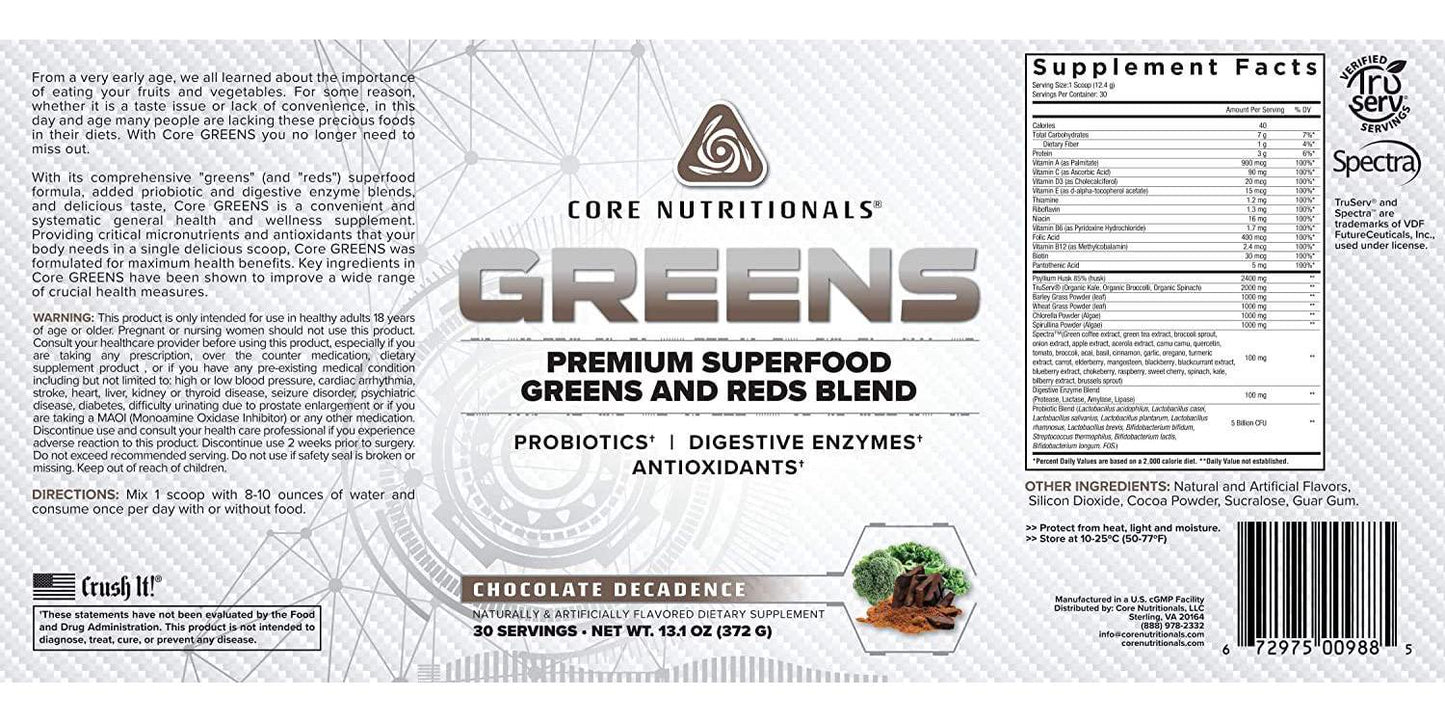 Core Nutritionals Greens Platinum Premium Superfood Greens and Reds Blend, Supports Digestion and Gut Health, 5 Billion CFU Probiotic,30 Servings (Chocolate)