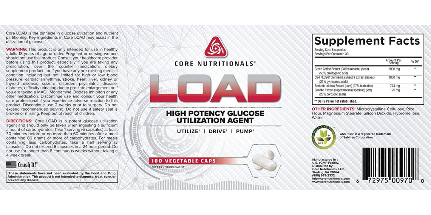Core Nutritionals Load Platinum High Potency Glucose Utilization Agent with Berberine+Green Coffee Extract to Promote Carbohydrate Absorption and Glucose Disposal, (180 Caps)