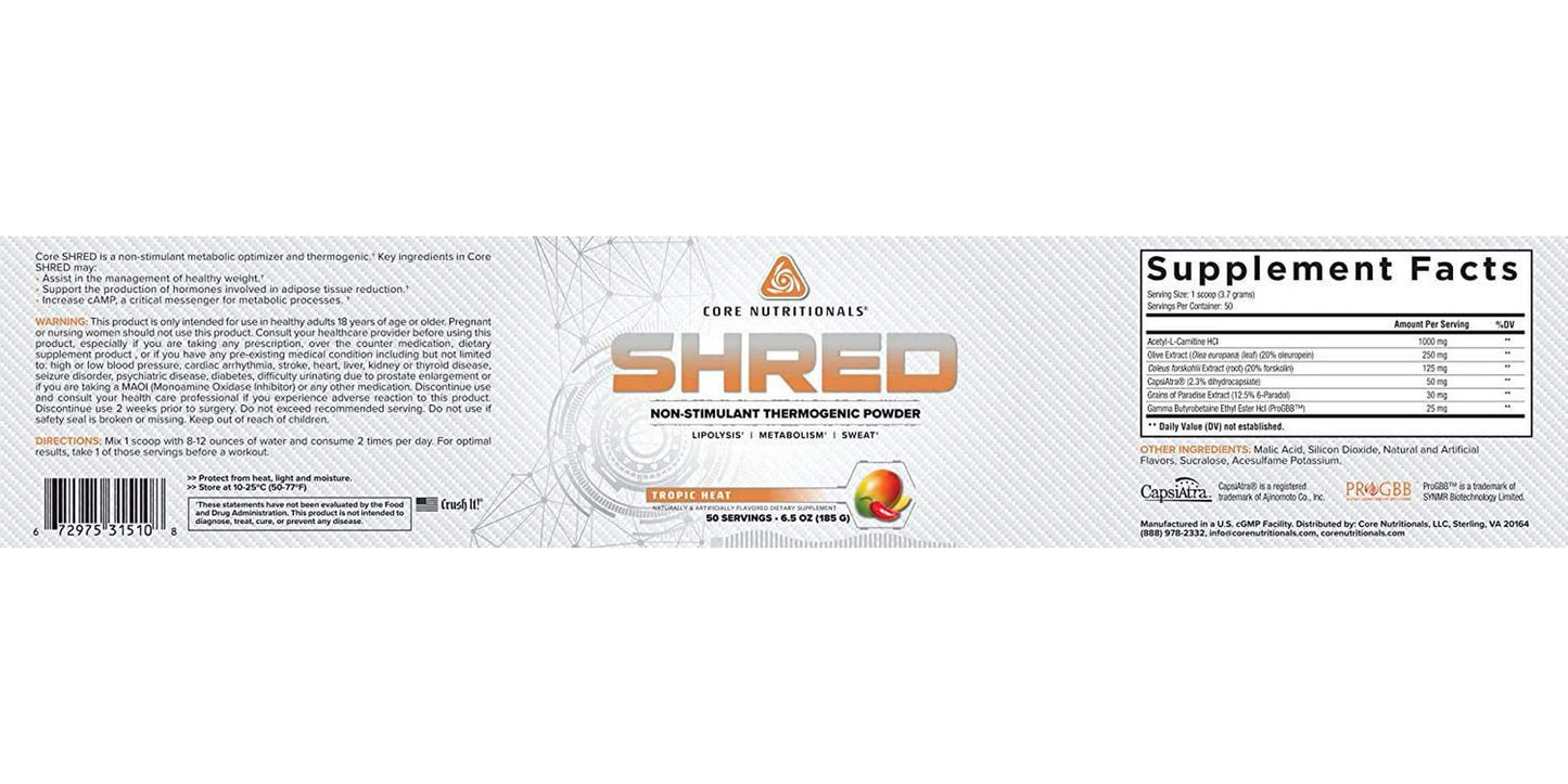 Core Nutritionals Platinum Shred Non-Stimulant, Fat Burning, Thermogenic Powder with 1G Acetyl-L-Carnitine 50 Servings (Tropic Heat)