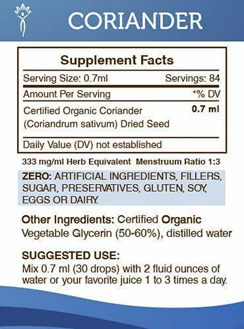 Coriander Seed Tincture Alcohol-Free Liquid Extract, Organic Dried Coriander Seed (Coriandrum sativum) Dried Seed (2 FL OZ)