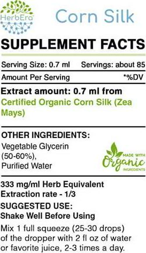 Corn Silk B60 Alcohol-Free Herbal Extract Tincture, Super-Concentrated Organic Corn Silk (Zea Mays) (2 fl oz)