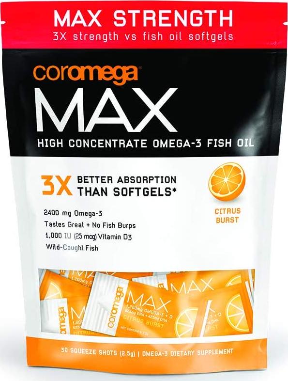 Coromega MAX High Concentrate Omega 3 Fish Oil, 2400mg Omega-3s with 3X Better Absorption Than Softgels, 30 Single Serve Packets, Citrus Burst Flavor; Anti Inflammatory Supplement with Vitamin D