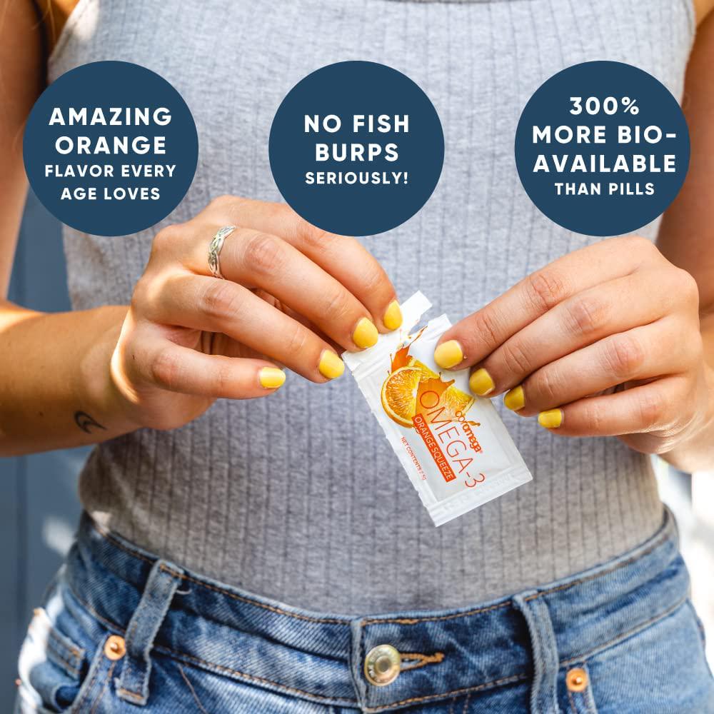 Coromega Omega 3 Fish Oil Supplement, 650mg of Omega-3s with 3X Better Absorption Than Softgels, Orange Flavor, 90 Single Serve Squeeze Packets