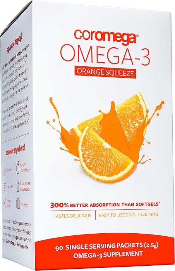 Coromega Omega 3 Fish Oil Supplement, 650mg of Omega-3s with 3X Better Absorption Than Softgels, Orange Flavor, 90 Single Serve Squeeze Packets