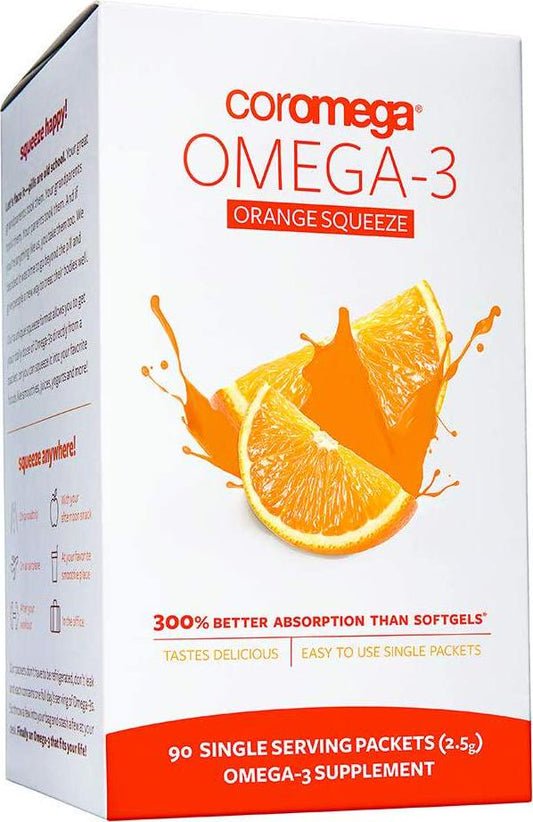 Coromega Omega 3 Fish Oil Supplement, 650mg of Omega-3s with 3X Better Absorption Than Softgels, Orange Flavor, 90 Single Serve Squeeze Packets